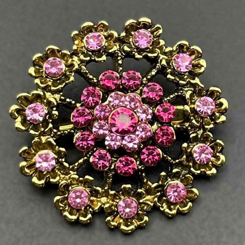 Yellow Gold with Light and Dark Pink Sapphire Crystal Flower Pin Back Brooch
